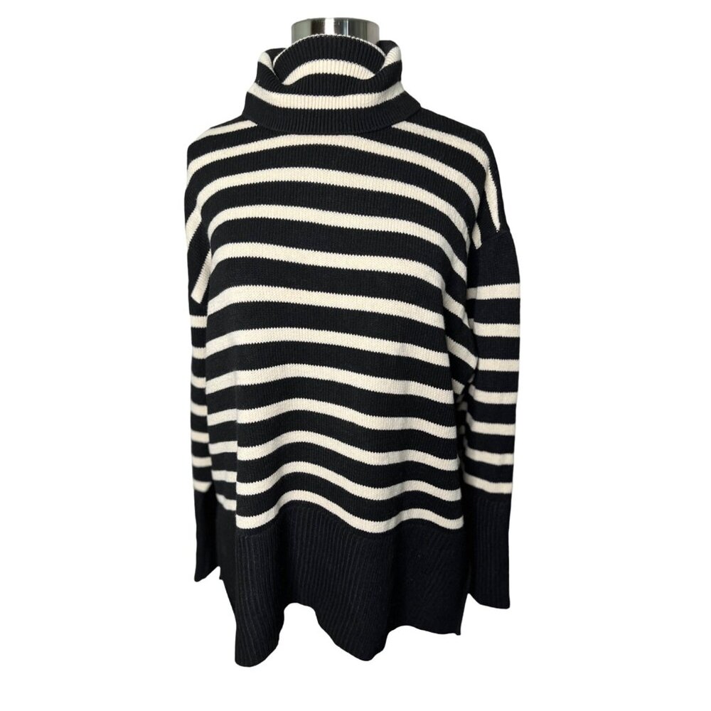 Falls Creek Women's Cable-knit Black & Off-White Turtleneck Striped Sweater XL